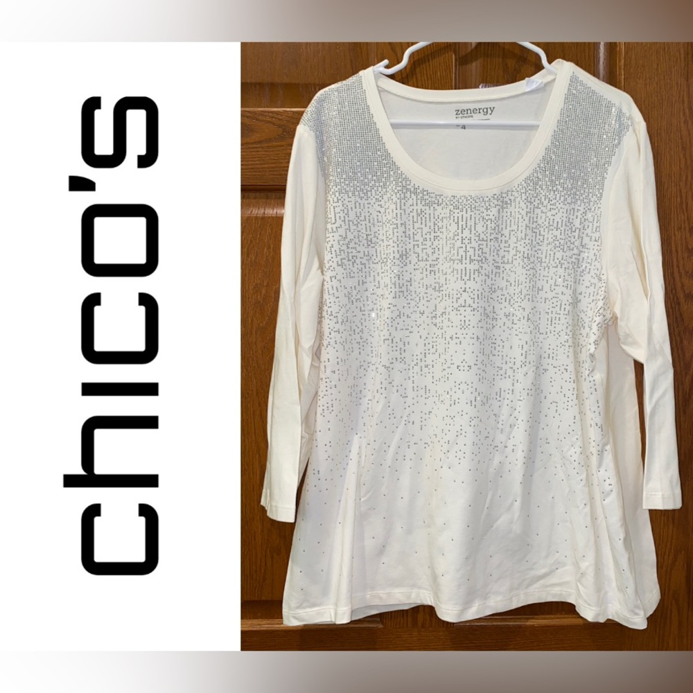 EUC Size 4 Chico’s Zenergy 3/4 Sleeve Cream with Silver Embellished Top